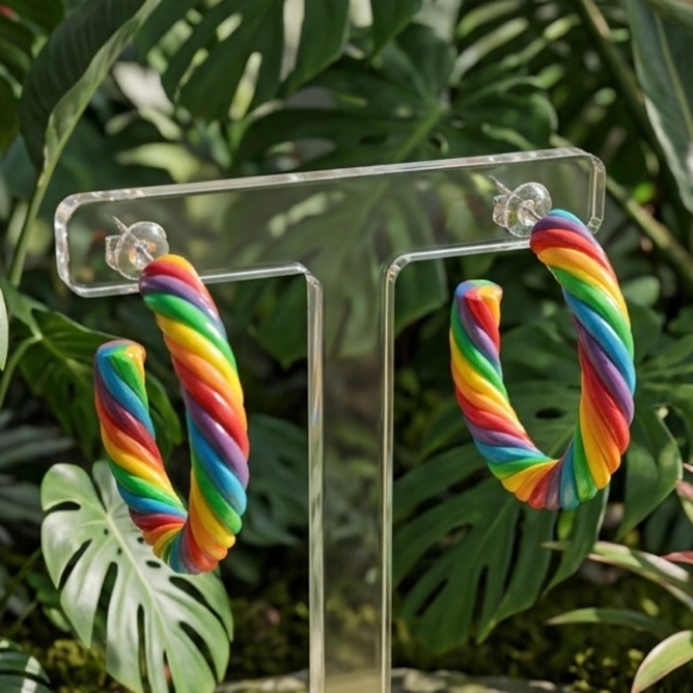 Rainbow Twist Hoop Earrings - Handmade - Small or Large